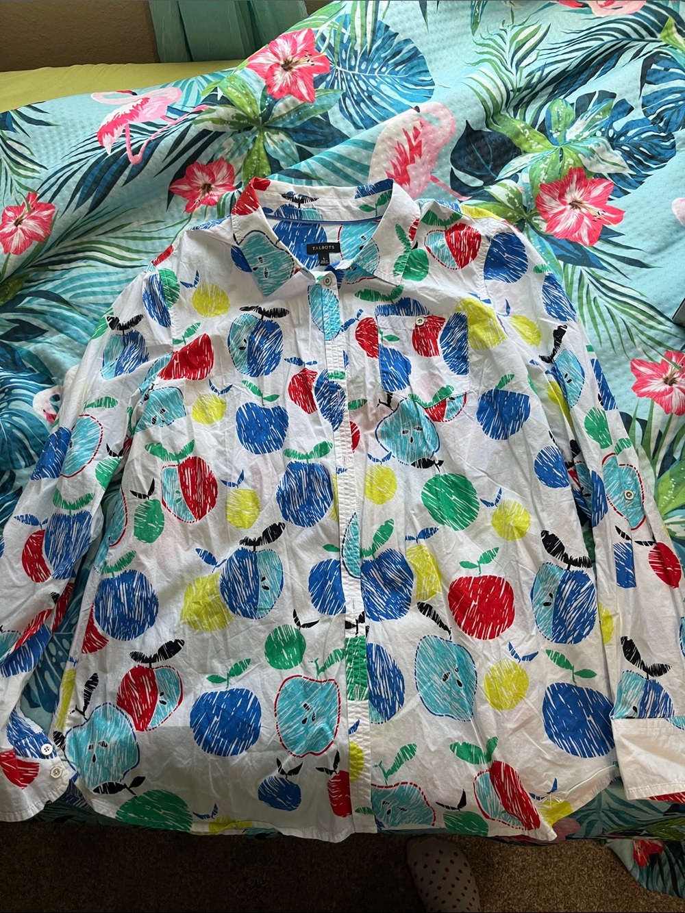 Button-Down Shirt with Red Blue Green Yellow Apple Print